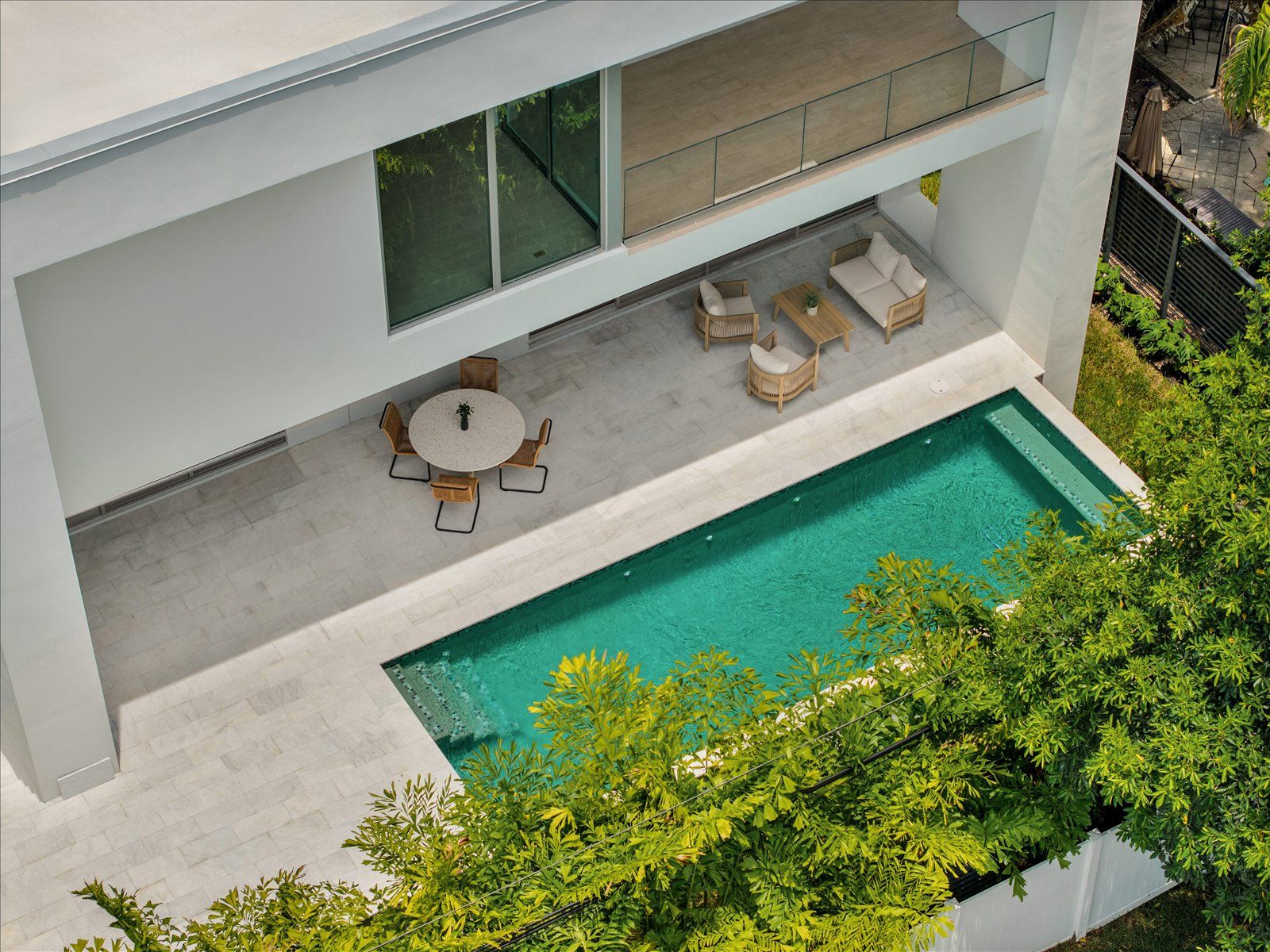 Aerial view of the pool and covered terrace